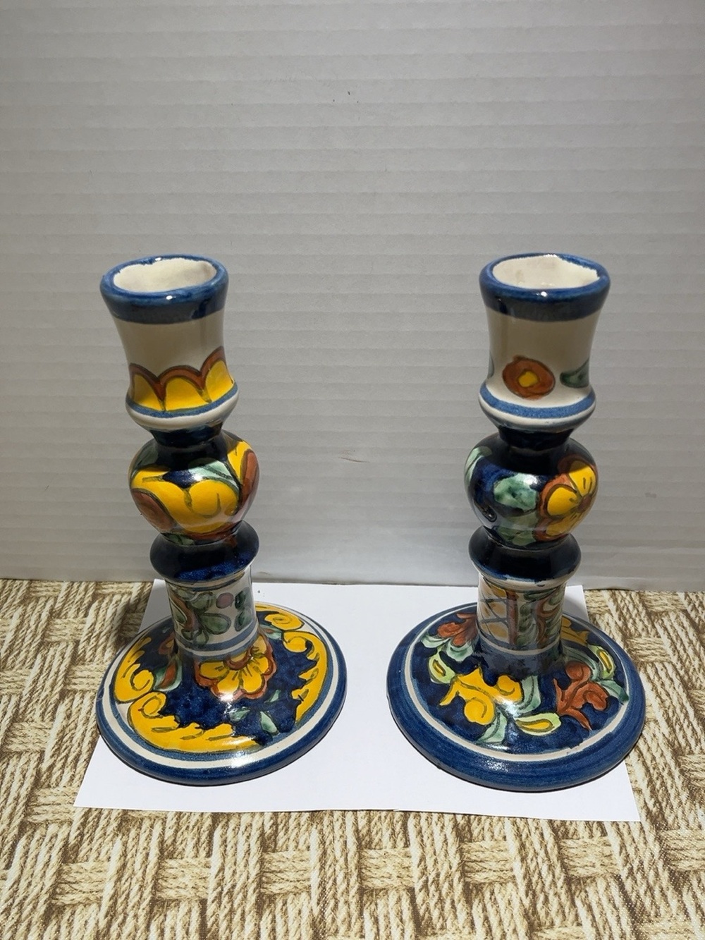 Pair Talavera Style Pottery Candlesticks Hand Painted Floral Blue Yellow 7.5”